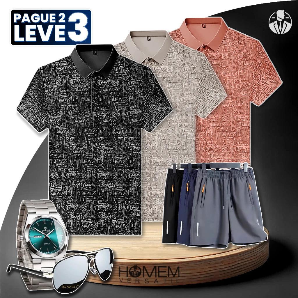 [Pague 2, Leve 3] Kit de Camisas Polo Vex Texturizada de Seda Gelo + BRINDES