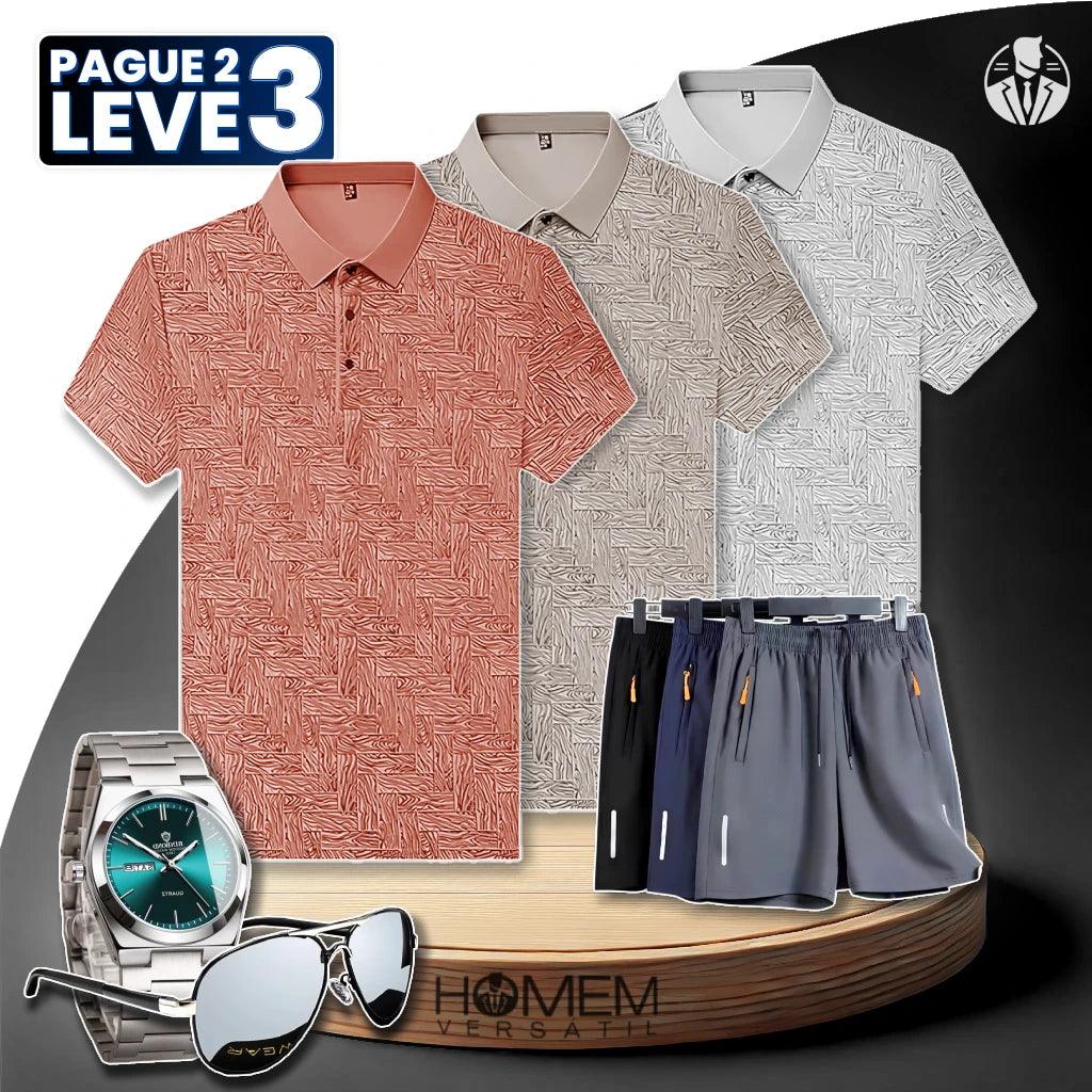 [Pague 2, Leve 3] Kit de Camisas Polo Vex Texturizada de Seda Gelo + BRINDES