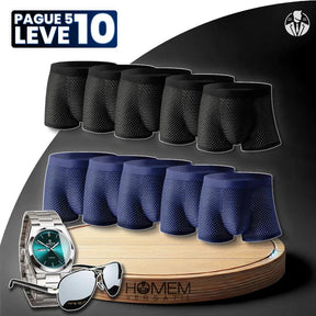 [Pague 5, Leve 10] Kit de Cuecas Brave Boxer de Fibra de Bambu com 2 BRINDES: Relógio e Óculos