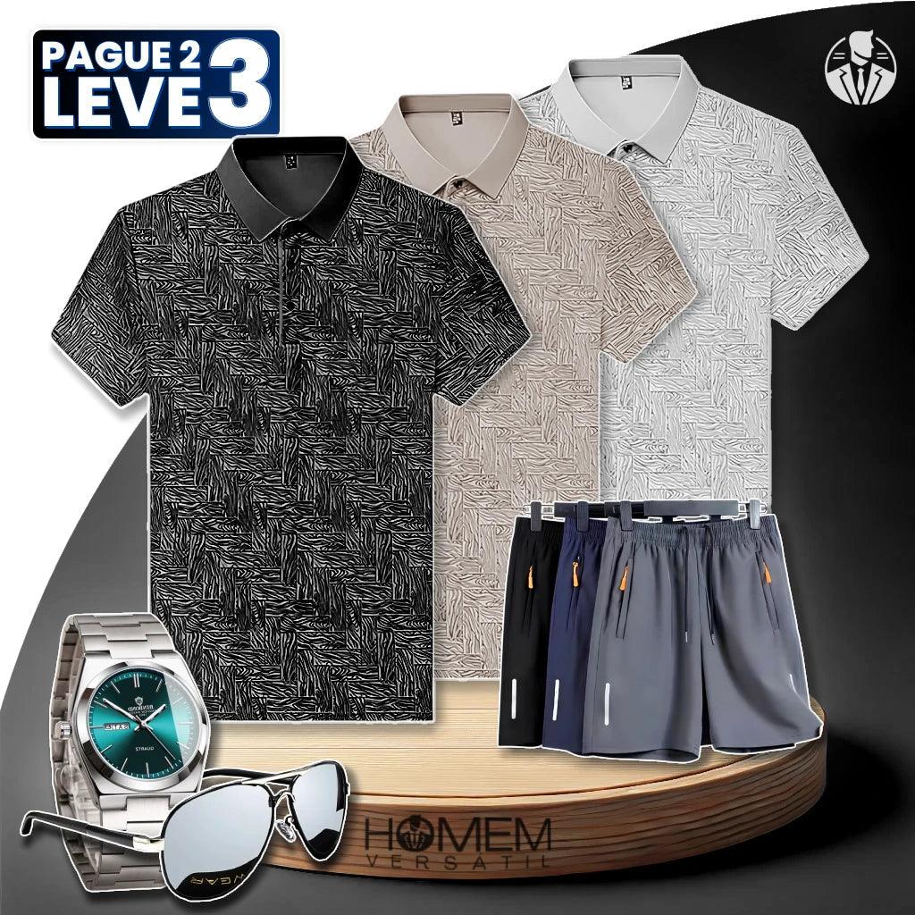 [Pague 2, Leve 3] Kit de Camisas Polo Vex Texturizada de Seda Gelo + BRINDES