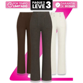 [Leve 3, Pague Só 2] Calça Solena Feminina em Algodão, Poliéster e Viscose de Cintura Alta com Botões Frontais